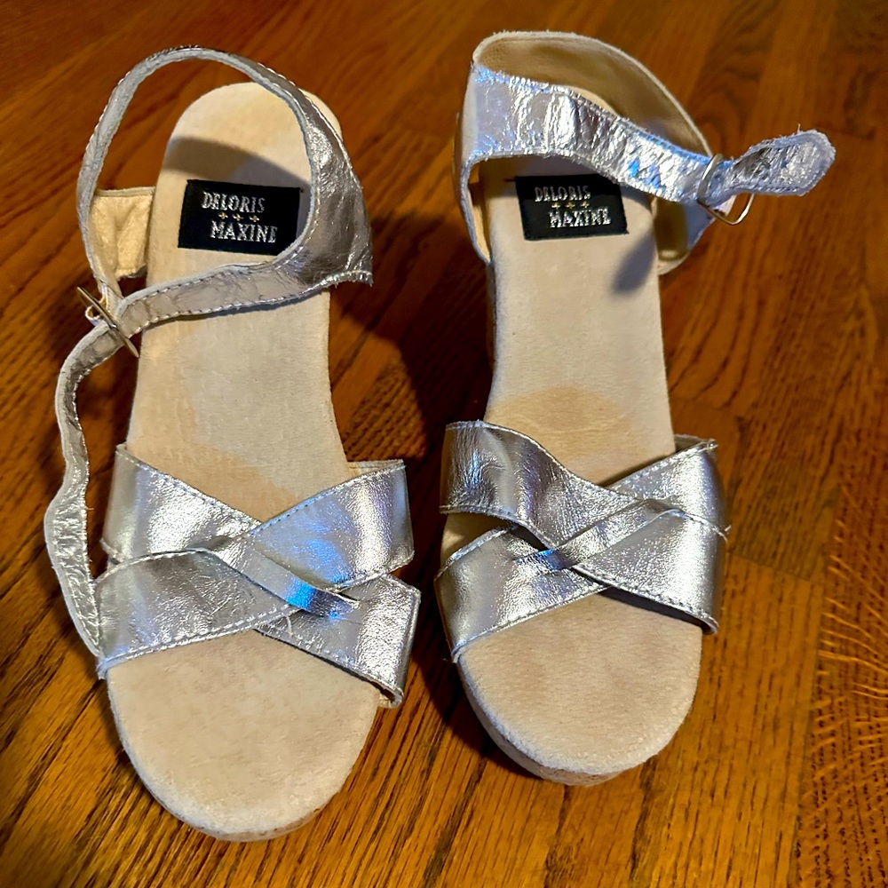 Deloris and Maxine Cork Wedge Silver Sandals